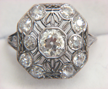 platinum antique filigree and diamond ring. Nobel Antique Jewelry Store, Santa Monica, Ca.